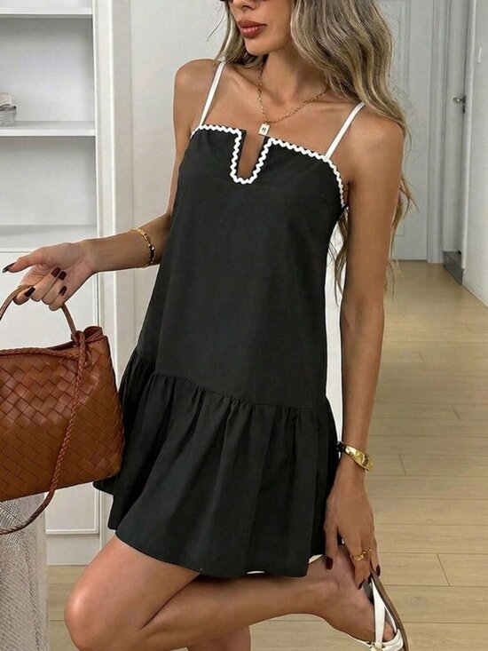 Dresses & Skirts - Black Casual Women's Color Block Ruffled Hem A-Line Dress